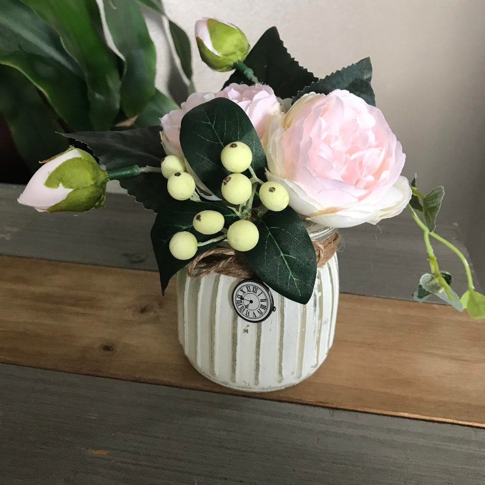 Handmade Pretty Pale Pink Floral Arrangement in Distressed White Jar